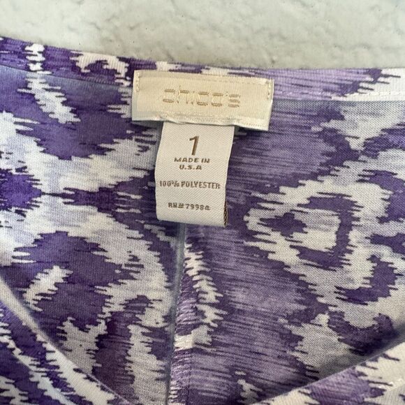 CHICOS Size 1 US M Purple & White Paisley Print Knit Top Rhinestone Trim - Picture 8 of 14